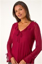 Wine V-Neck Frill Neck Tie Sleeve Mesh Top, Image 4 of 5