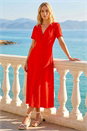 Red Textured Wrap Bodice Midi Dress, Image 2 of 4