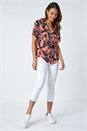 ORANGE Leaf Print Zip Detail V-Neck Stretch Top, Image 2 of 5