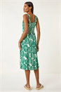 Green Leaf Print V-Neck Stretch Midi Dress, Image 3 of 5