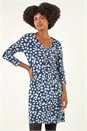 Navy  Geometric Gathered A-Line Dress, Image 4 of 5