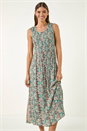 Blue Paisely Print Shirred Midi Dress , Image 4 of 5