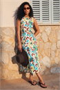 Turquoise Floral Pleated A-Line Midi Dress, Image 1 of 4