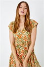 Khaki Aztec Print Tiered Tea Dress, Image 4 of 5