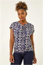 Navy Geo Print Cowl Neck Stretch Top, Image 2 of 5