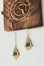 Gold Handmade Long Chain Hamsa Hand & Evil Eye Drop Earrings, Image 1 of 3