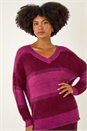 Magenta V-Neck Stripe Knit Jumper, Image 4 of 5