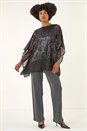 Dark Grey Sequin Mesh Chiffon Hem Top, Image 2 of 5