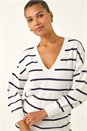 Ivory  Stripe Print Knitted V-Neck Longline Jumper, Image 4 of 5