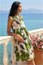 Green Leaf Print Tiered Smock Midi Dress, Image 2 of 4