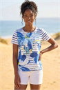 Blue Floral Stripe Print Stretch Top, Image 1 of 4