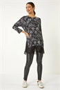 Black Floral Print Mesh Hem Tunic Top, Image 2 of 5