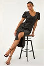 Black Velvet Ruched Front Stretch Midi Dress, Image 1 of 5