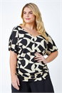 Black Curve Geometric Print V-Neck Blouson Top, Image 2 of 5