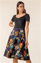 Black Tropical Print Fit & Flare Dress, Image 1 of 4