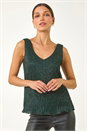 Green V-Neck Metallic Plisse Vest Top, Image 2 of 5