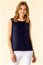 Navy  Lace Back Pleat Detail Chiffon Top, Image 2 of 4