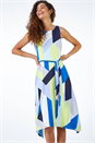 Blue Geo Print Asymmetric Fit And Flare Dress, Image 2 of 5
