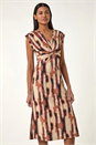 Tan Abstract Print V-Neck Twist Midi Dress, Image 2 of 5