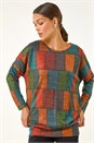Red Patchwork Print Drop Shoulder Stretch Top, Image 2 of 5
