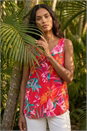 Red Tropical Print V-Neck Button Cami Top, Image 2 of 4