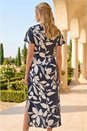 Navy  Floral Print Side Tie Crepe Dress, Image 3 of 4