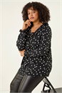 Black Curve Polka Dot Ruffle Top, Image 2 of 5