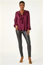 Wine Ruffle Front V-Neck Satin Blouse, Image 3 of 6