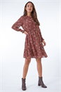 Rust Ditsy Floral Print Tie Neck Dress , Image 3 of 5