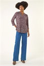 Burgundy Leaf Print V-Neck Stretch Top, Image 2 of 5
