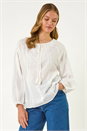 Ivory Lace Trim Tie V-Neck Top, Image 1 of 5