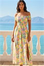 Yellow Floral Print Bardot Shirred Midi Dress, Image 2 of 4