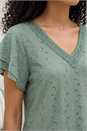 Khaki Broderie Detail V-Neck Stretch Top, Image 4 of 4