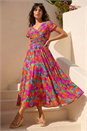 Fuchsia Floral Ruched Waist Midi Dress, Image 1 of 4