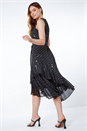 Black Sequin Frill Hem Asymmetric Midi Wrap Dress, Image 3 of 5