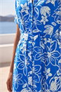 Royal Blue Floral Print Tie Waist Midi Dress, Image 4 of 4