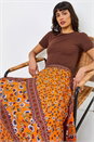 Orange Floral Print Boho Elastic Waist Maxi Skirt, Image 4 of 5