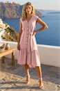 Light Pink V-Neck Buttoned Tie Waist Midi Dress, Image 1 of 4