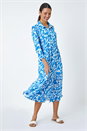 Turquoise Wave Print Tiered Shirt Dress, Image 1 of 5
