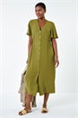 Pea Green Button Down Shirred Midi Dress, Image 1 of 5