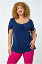 Navy Curve Plain Ruched Tie Top, Image 2 of 5