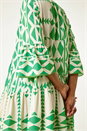 Green Aztec Print Tiered Midi Smock Dress, Image 5 of 5