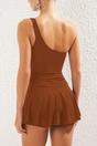 Brown WOVCOR Brown Asymmetric One Shoulder Ruched Swimsuit with Skort Detail, Image 4 of 4