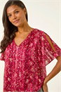 Red Metallic Angel Sleeve V-Neck Top, Image 4 of 5