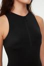 Black WOVCOR Black High Neck Zip Detail Sleek Fit Swimsuit, Image 2 of 3