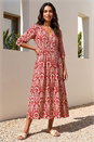 Red Abstract Print V-Neck Midi Dress, Image 2 of 4