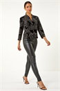 Black Velvet Metallic Print V-Neck Stretch Blouse, Image 2 of 5