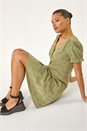 Khaki Broderie Cotton Stretch Jersey Frill Dress, Image 1 of 7