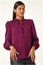 Plum Ruffle Front Tie Neck Blouse, Image 5 of 6