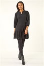 Black Textured V-Neck Frill Hem Smock Dress, Image 2 of 5